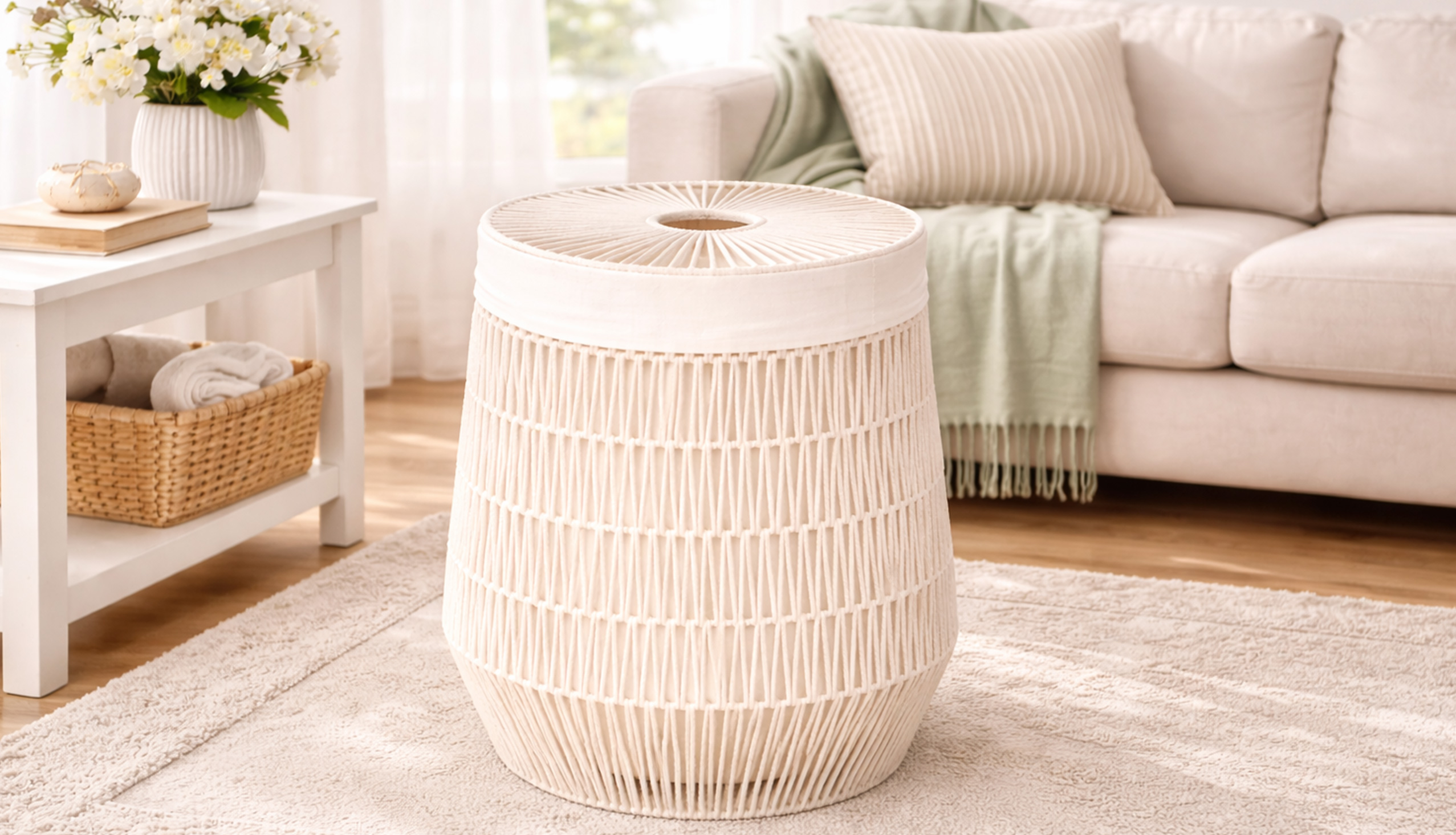Cream woven rope ottoman with lid in a bright living room, placed on a beige rug beside a white side table and neutral sofa.